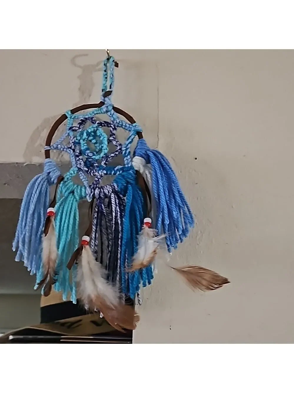 Hand Knit Crochet Dreamcatcher Brown Blue Yarn Feathers
